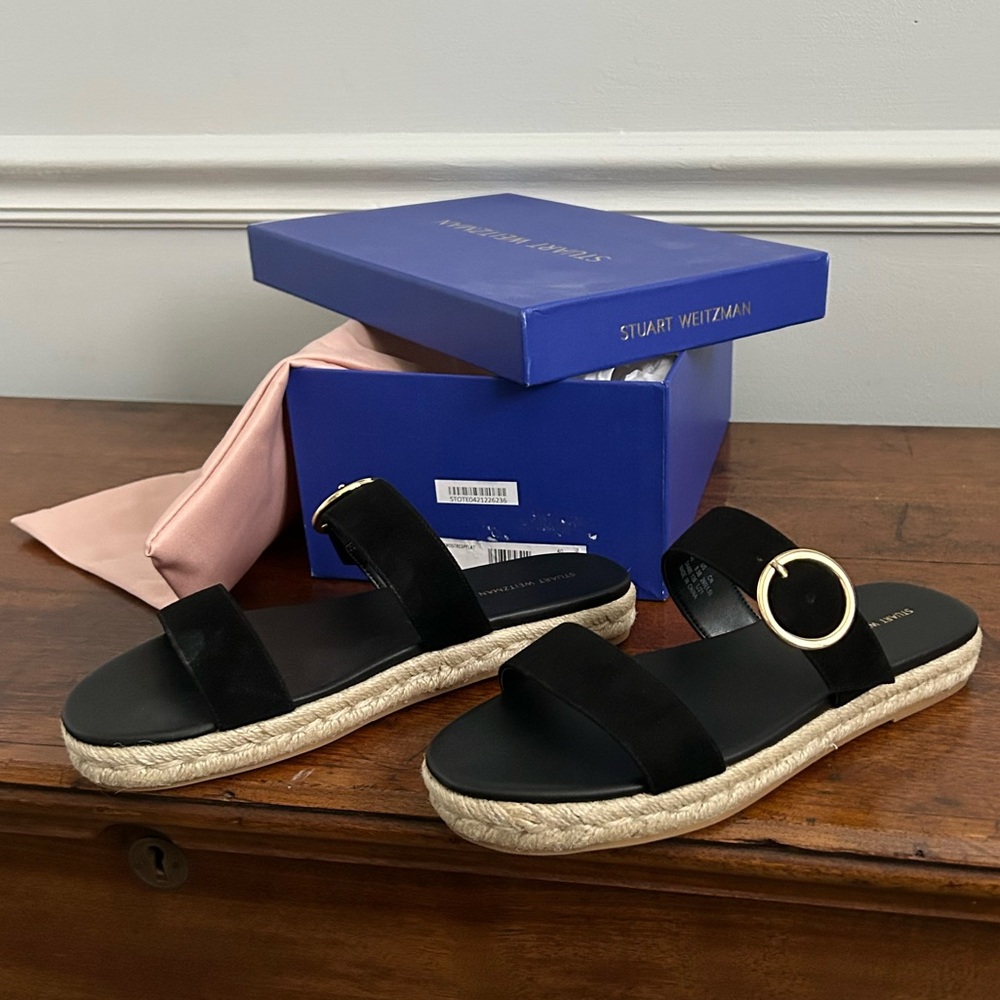 Stuart Weitzman Mykonos Espadrille Flat Sandal Buckle Slide Suede
